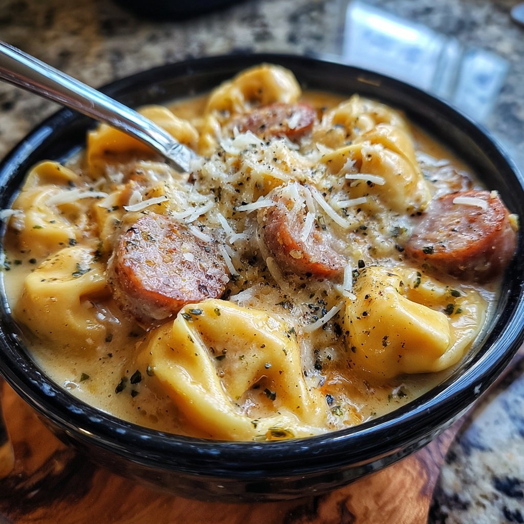 Romige tortellini soep met Italiaanse worst