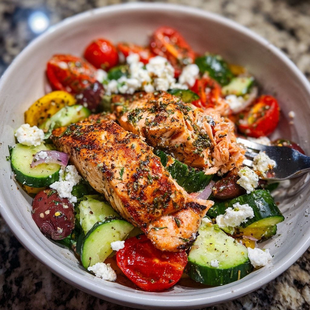 Grilled Salmon Greek Salad