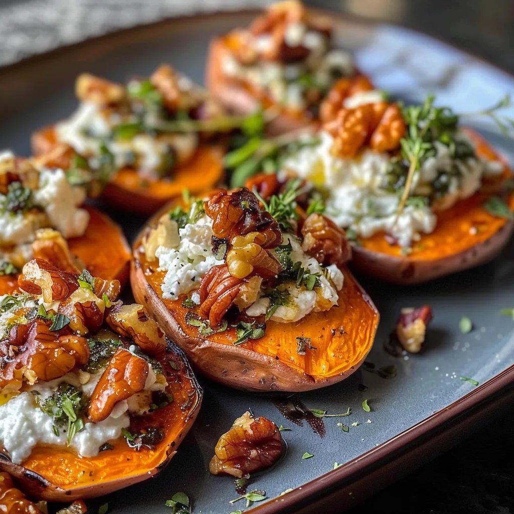 Roasted Sweet Potatoes Rounds with Ricotta and Walnuts