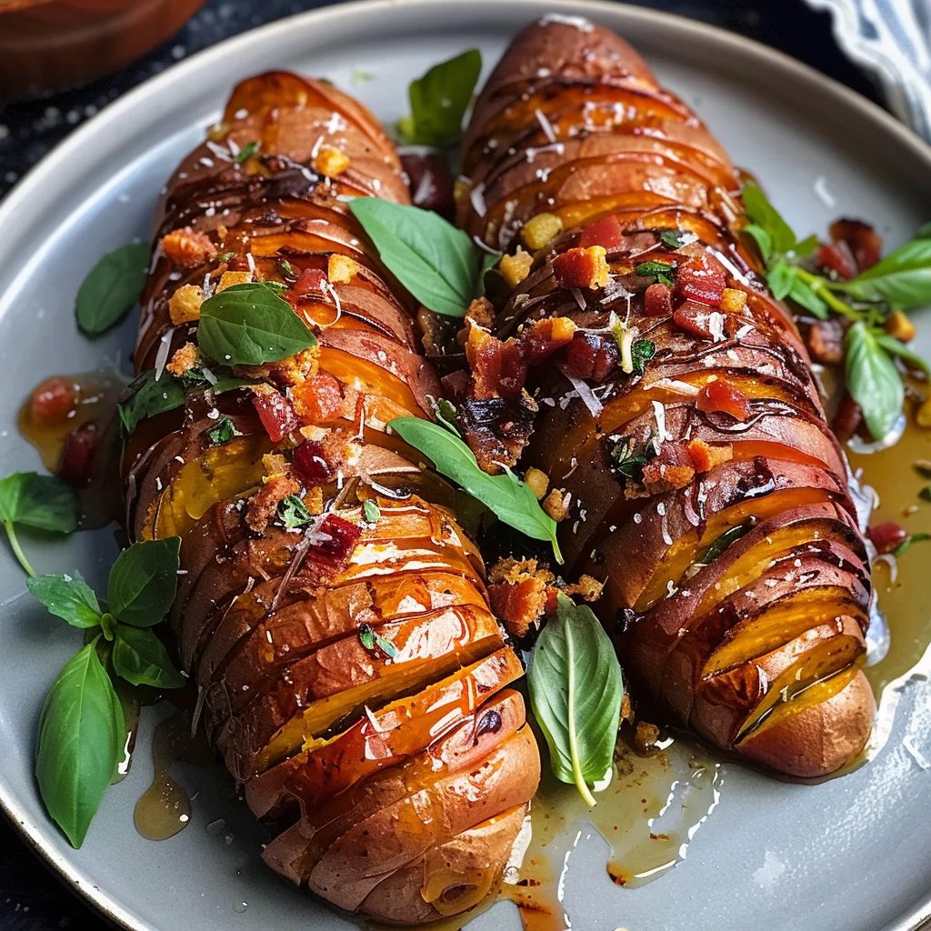 Roasted Hasselback Sweet Potatoes With Bacon Maple Brown Butter